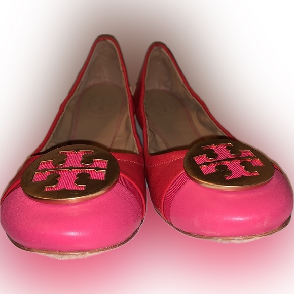 Tory Burch Minnie Toe Cap Red Azalea Pink Napa Leather Ballet Flats Gold Logo 6M - Picture 3 of 12